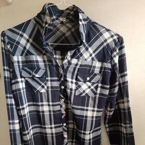Lee Cooper Navy & White Plaid Sheer Blouse size L